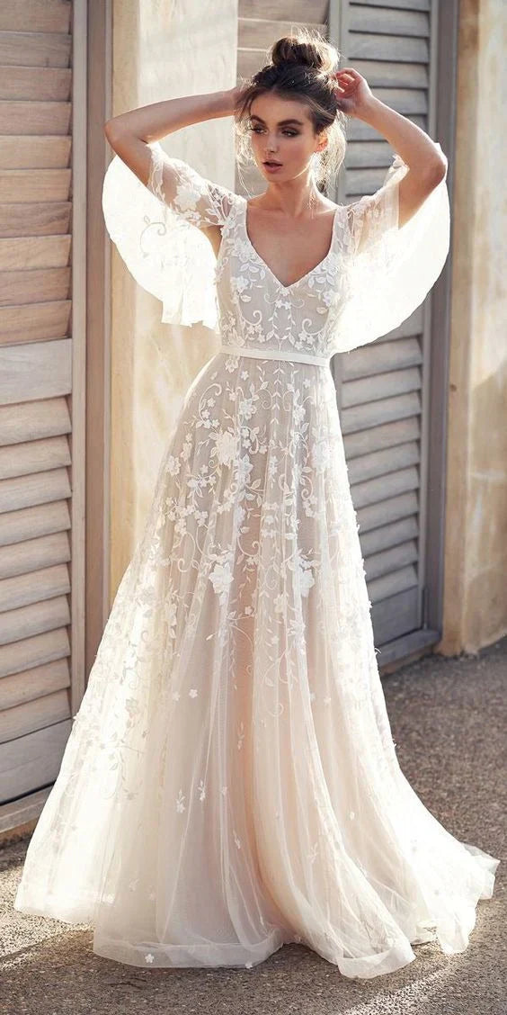 Women's Gown - A-Line Silhouette - Flutter Sleeves - V-Neck - Sheer Embroidered Fabric
