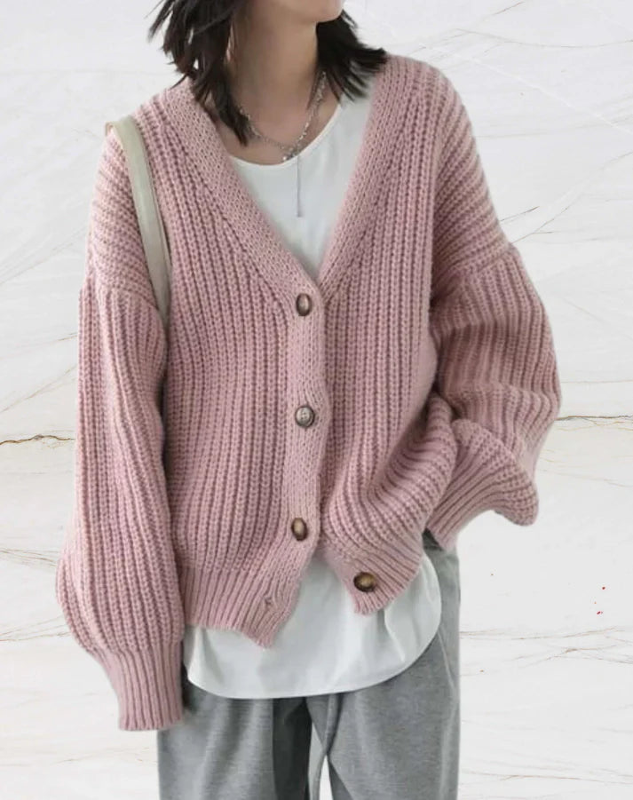 Women’s Knit Cardigan – Chunky Ribbed – Oversized Fit – Button Front – V-Neck