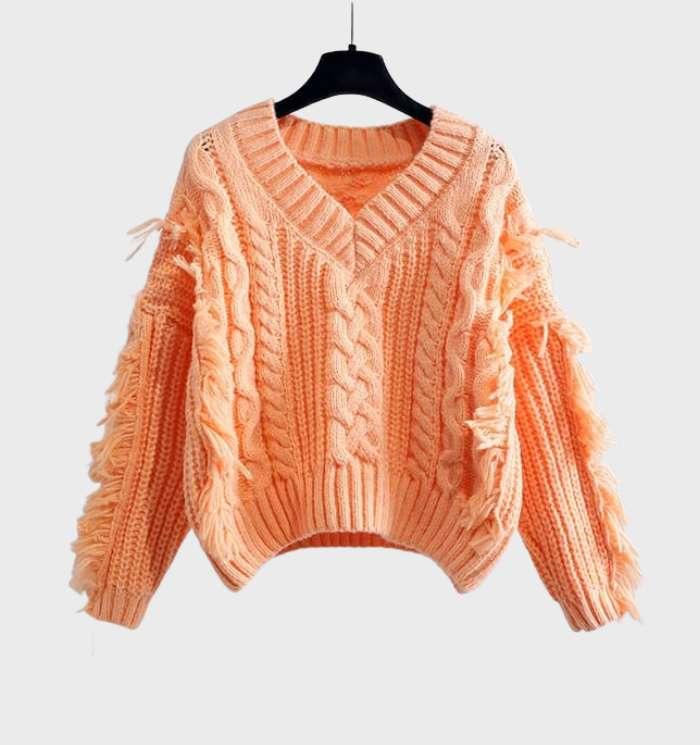 Women's v-neck knit sweater with ribbed sleeves