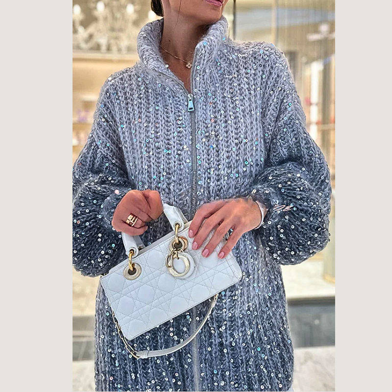 Women's Oversized Knitted Cardigan - Chunky Ribbed Texture - Sequin Embellished - Zip Up