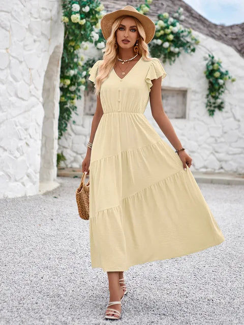 Women's Maxi Dress - V-Neck - Short Flutter Sleeves - Tiered Flowy Skirt - Button Detail