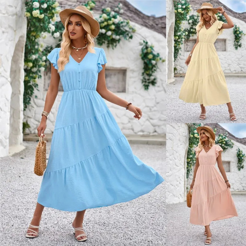 Women's Maxi Dress - V-Neck - Short Flutter Sleeves - Tiered Flowy Skirt - Button Detail