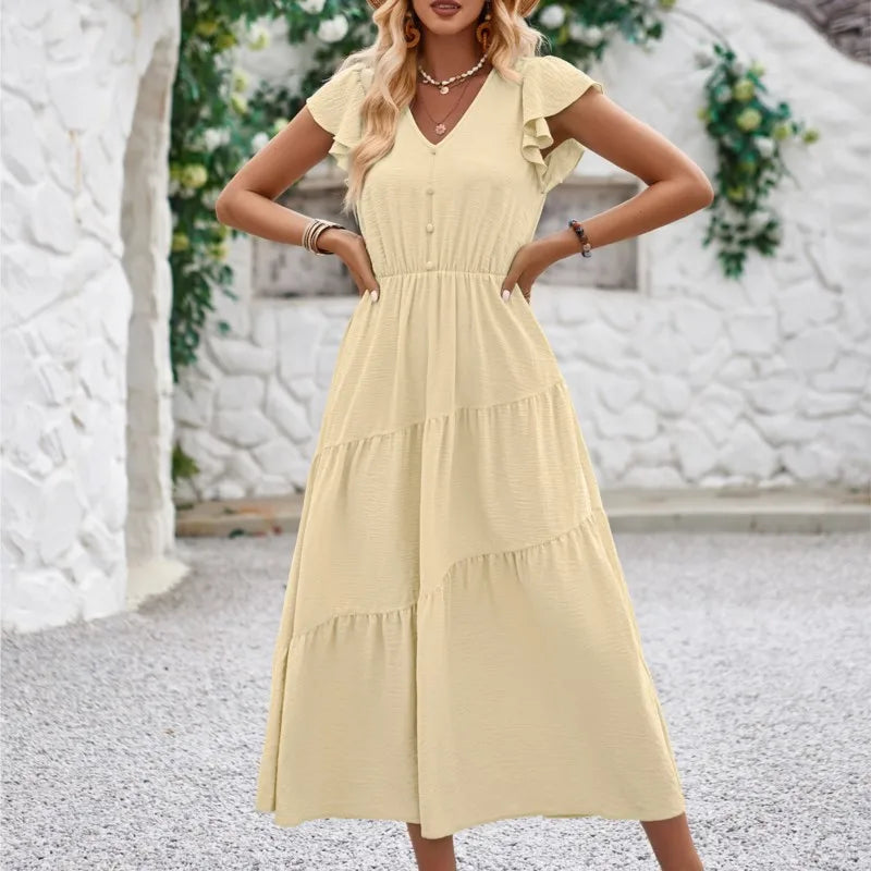 Women's Maxi Dress - V-Neck - Short Flutter Sleeves - Tiered Flowy Skirt - Button Detail