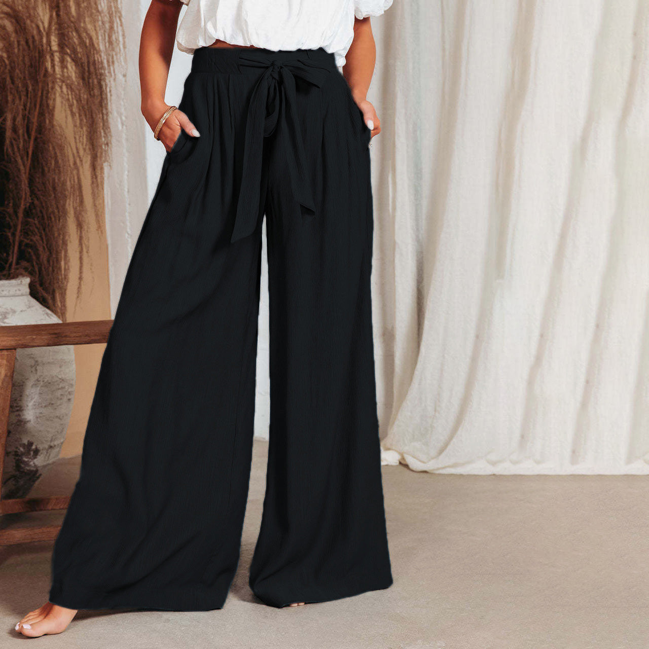 Marija - high-waist bow tie casual trousers