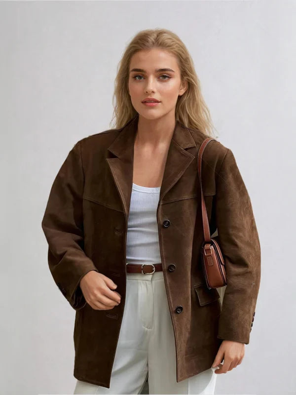 Retro brown lapel blazer with pockets & button closure