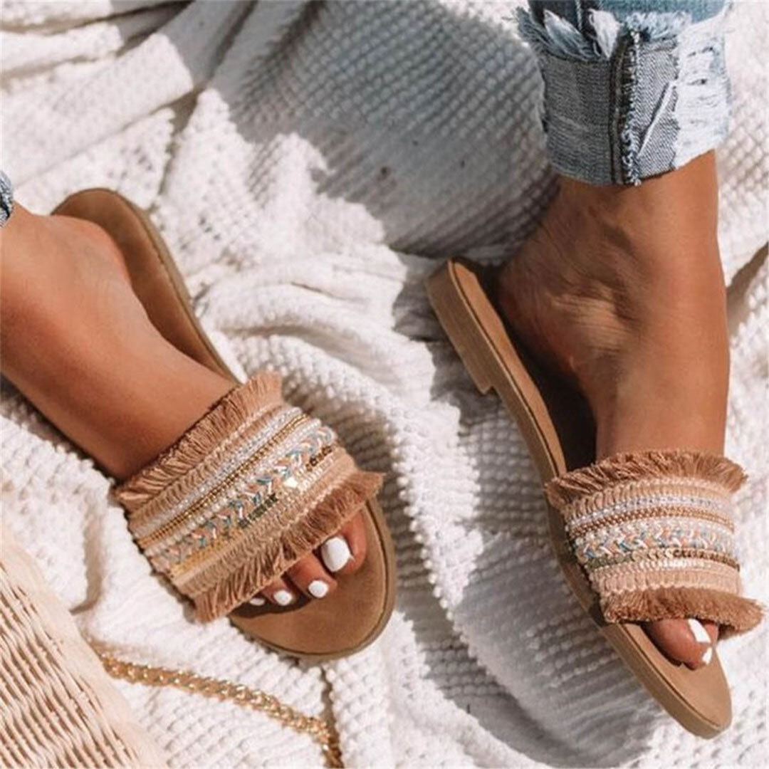 Women's Slide Sandals - Embroidered Boho Style - Fringe Detailing - Flat Sole