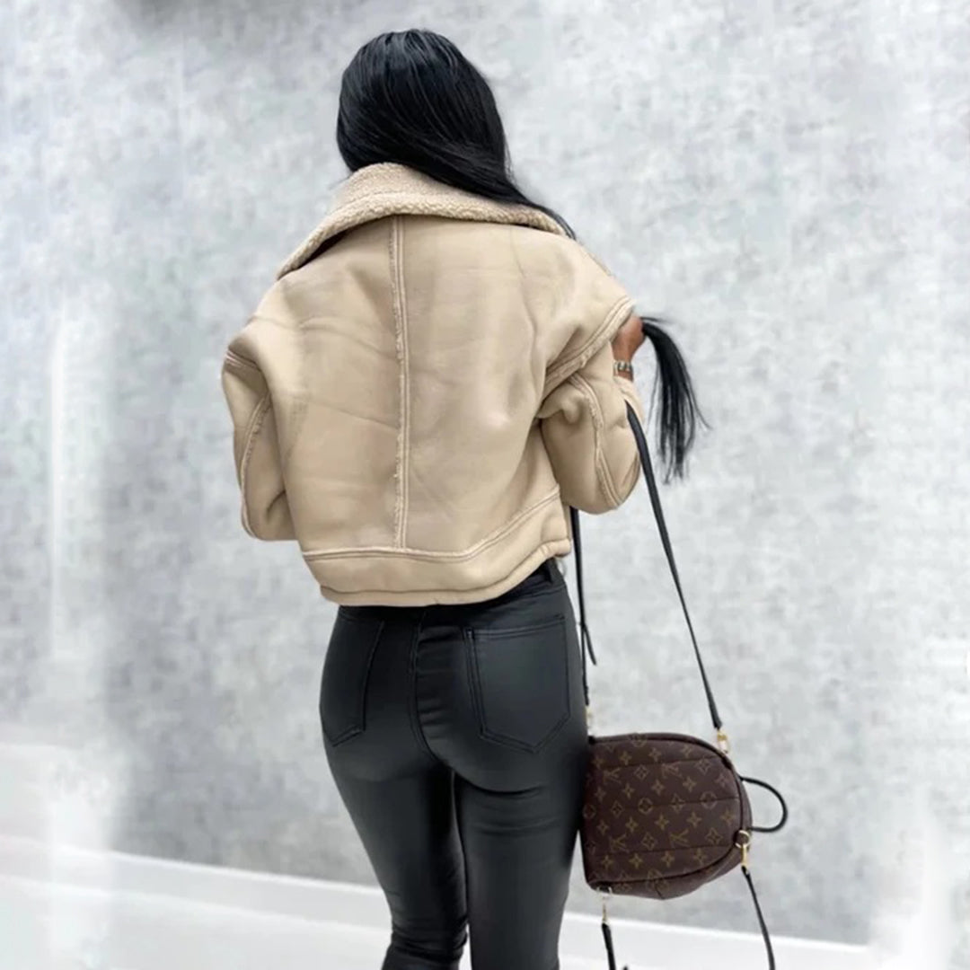 Women's wool-like short motorcycle zipper jacket