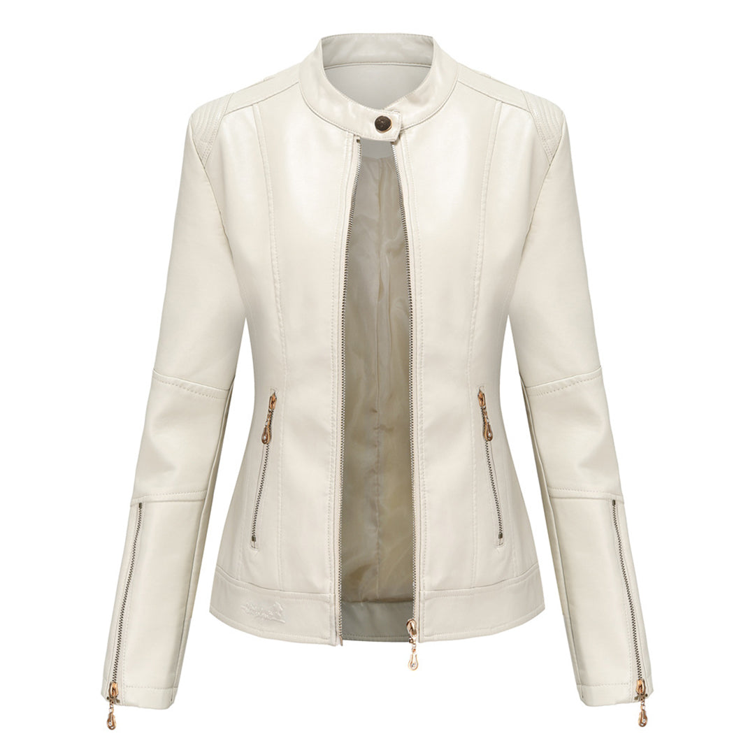 Women's leather short jacket with stand collar