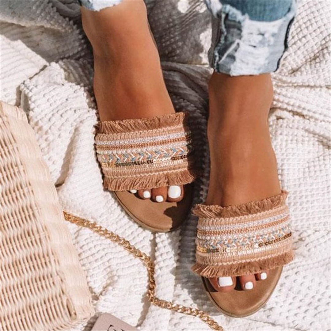 Women's Slide Sandals - Embroidered Boho Style - Fringe Detailing - Flat Sole