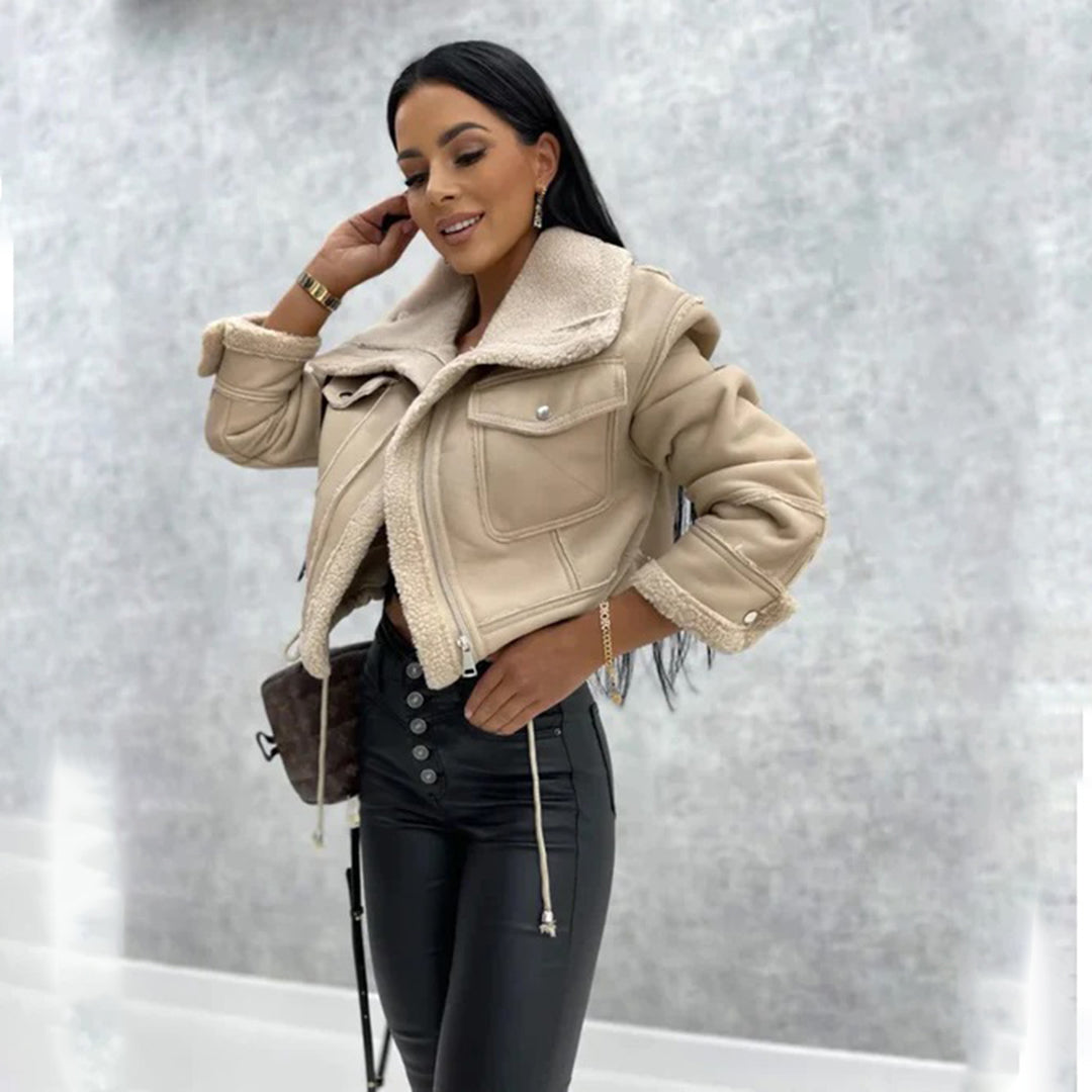 Women's wool-like short motorcycle zipper jacket