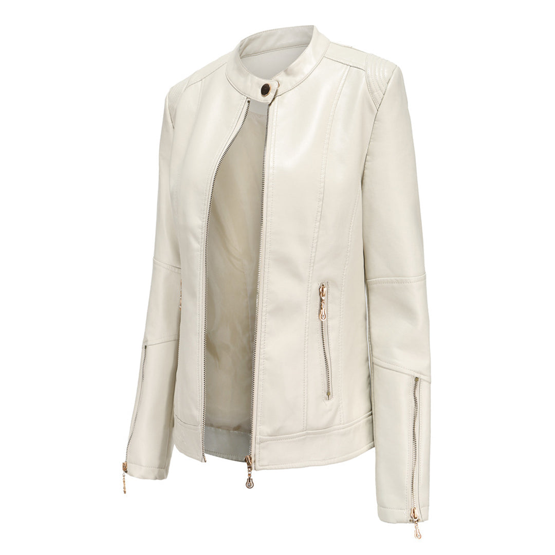 Women's leather short jacket with stand collar