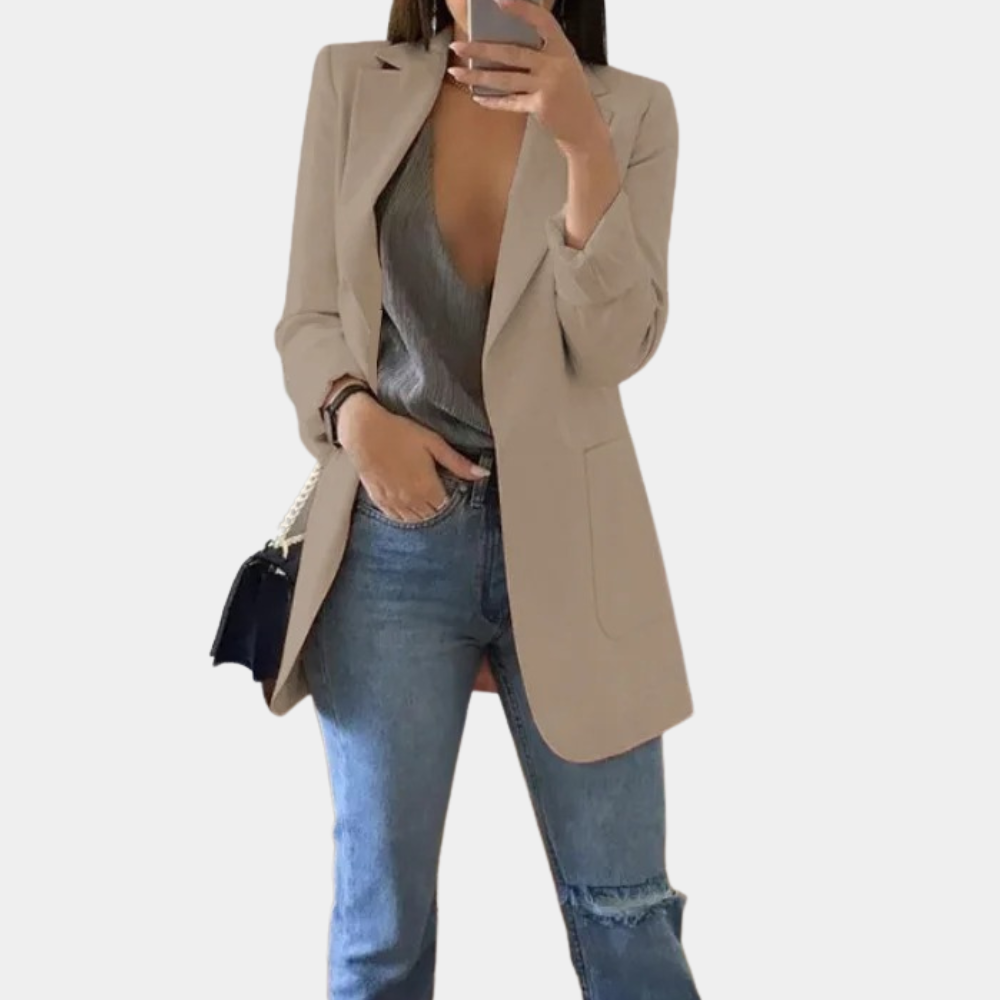 Women’s Blazer – Tailored Longline Fit – Open Front – Notched Lapel – Flap Pockets