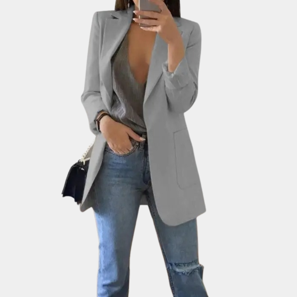 Women’s Blazer – Tailored Longline Fit – Open Front – Notched Lapel – Flap Pockets