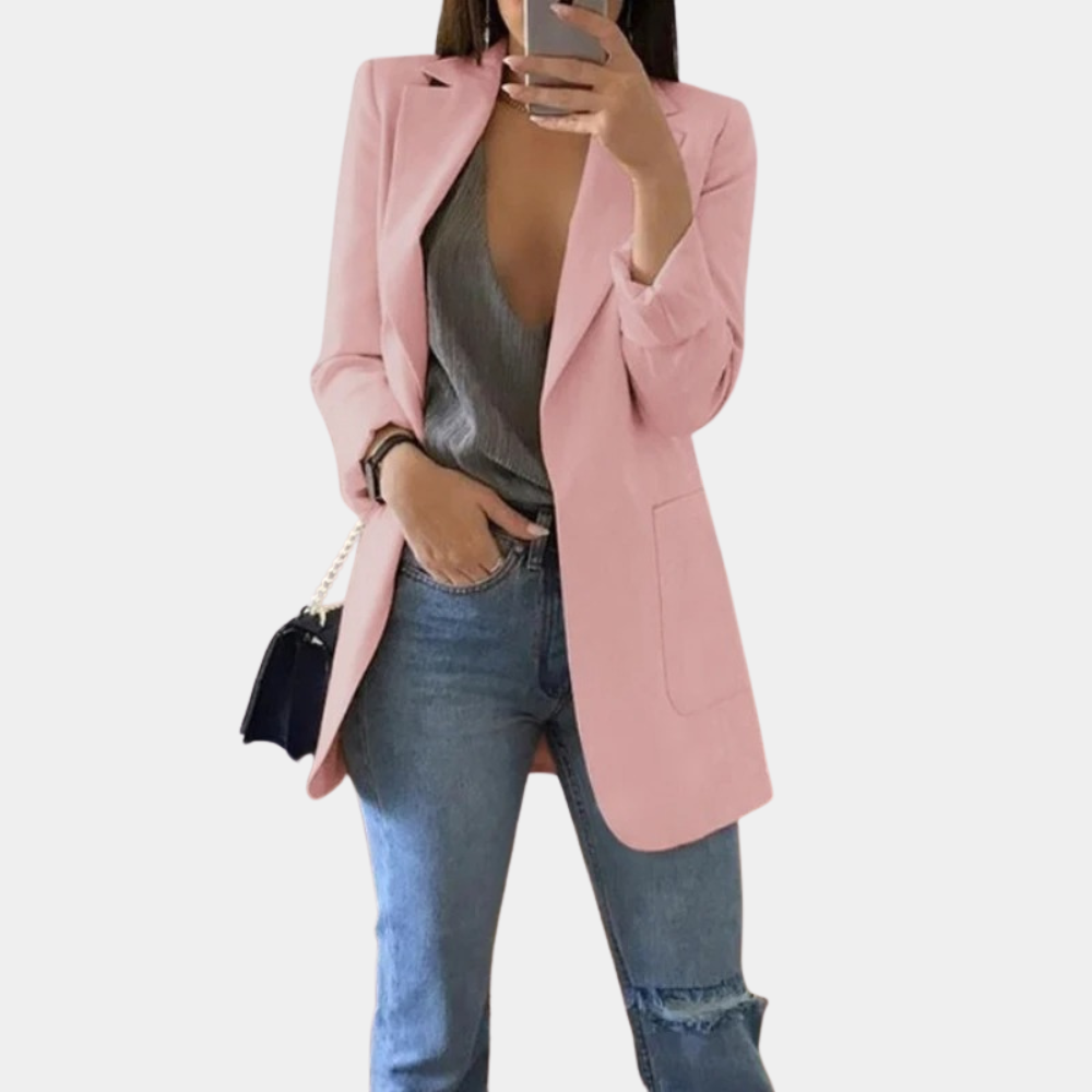 Women’s Blazer – Tailored Longline Fit – Open Front – Notched Lapel – Flap Pockets