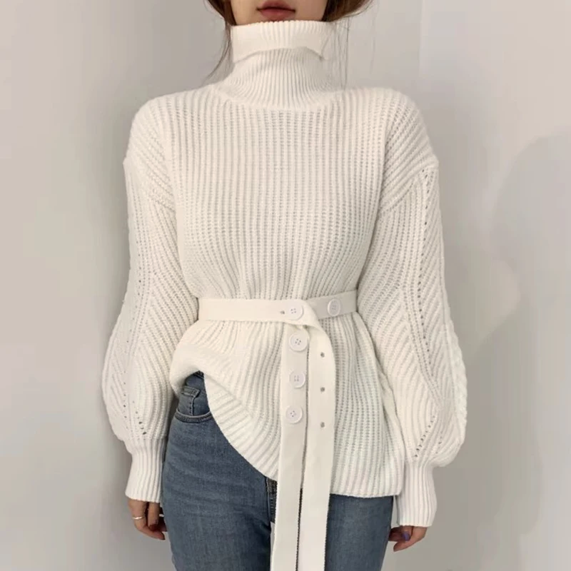 Women's knit high collar lace-up puff sleeve sweater