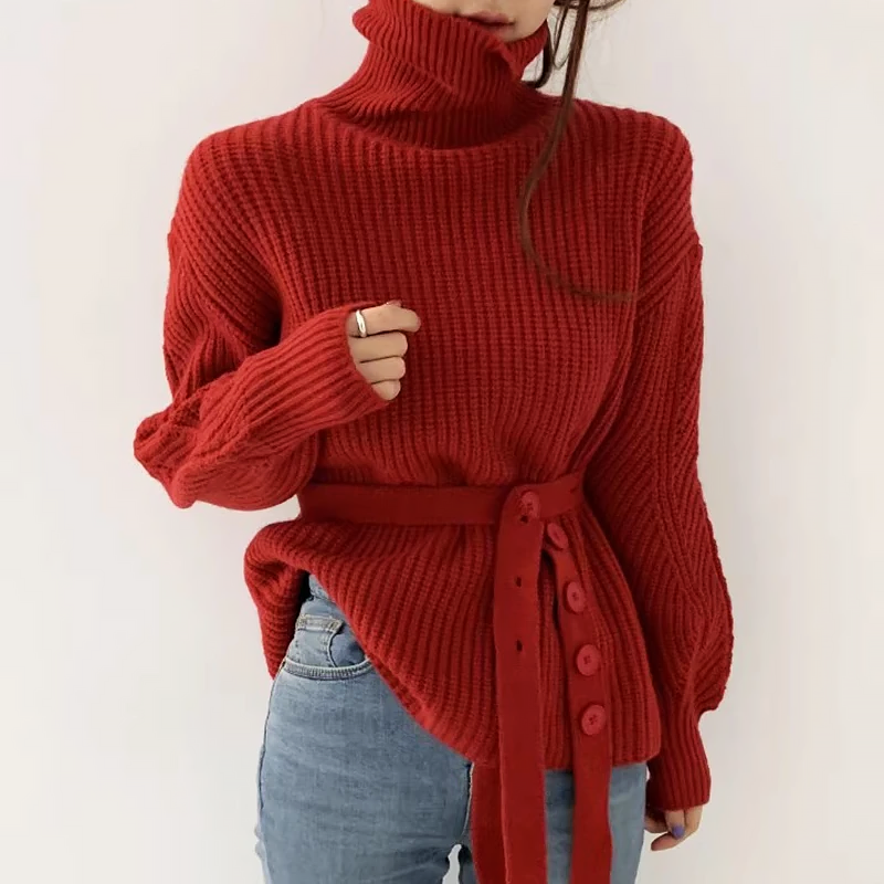 Women's knit high collar lace-up puff sleeve sweater