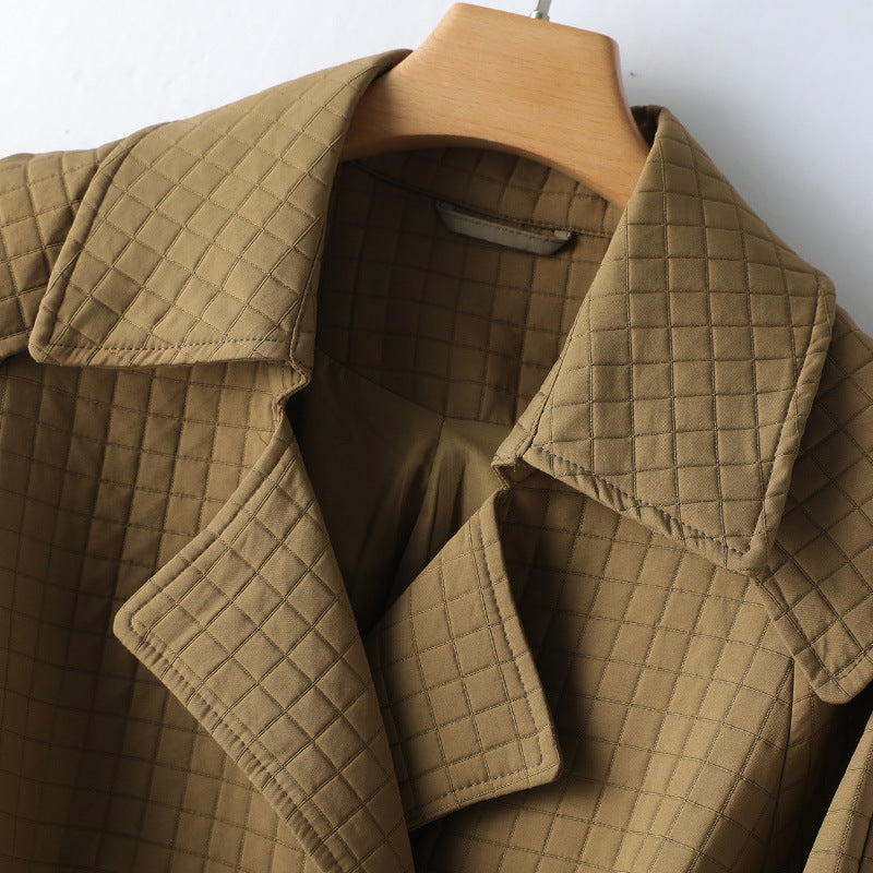 Women's square plaid belted lapel trench coat