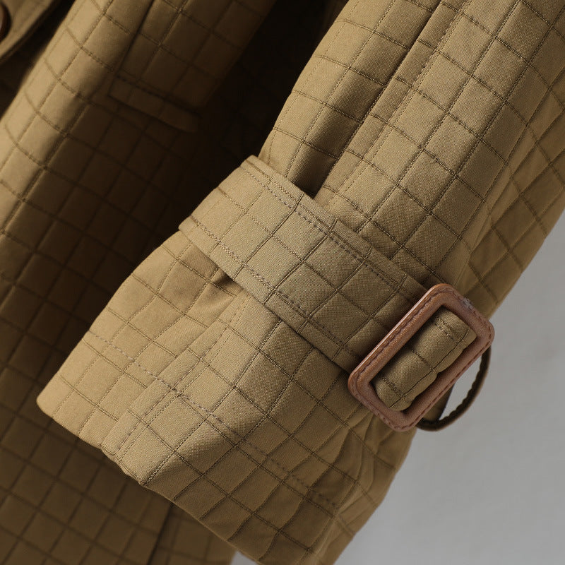Women's square plaid belted lapel trench coat