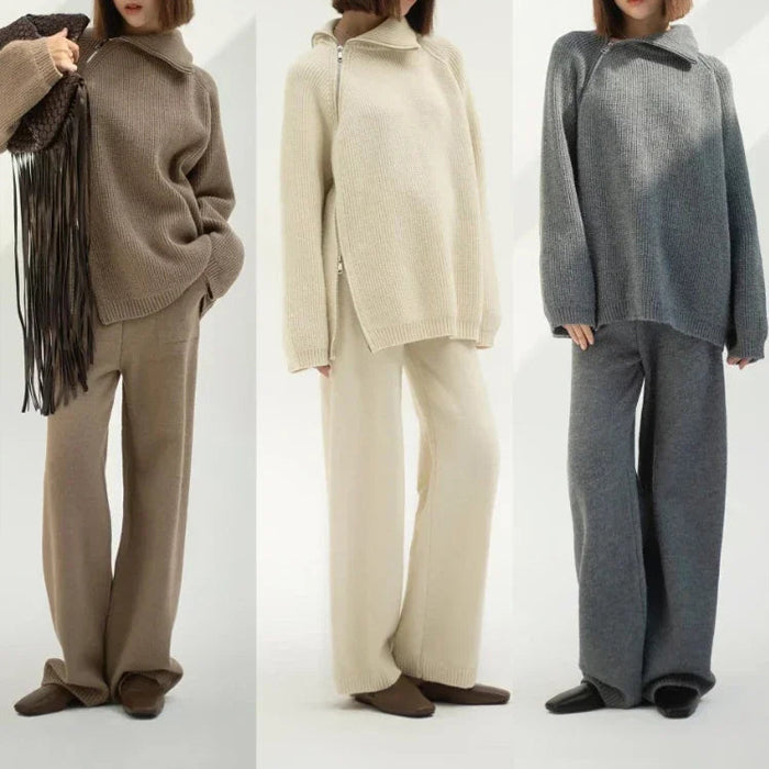 Women's loose side-zip design top with knitted pants