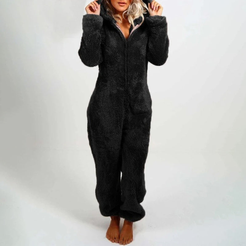 Women's Plush Hooded Onesie - Soft Fleece - Full Zip - Cozy Loungewear