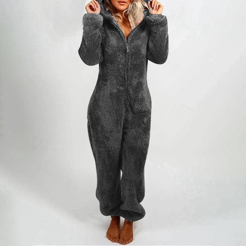 Women's Plush Hooded Onesie - Soft Fleece - Full Zip - Cozy Loungewear