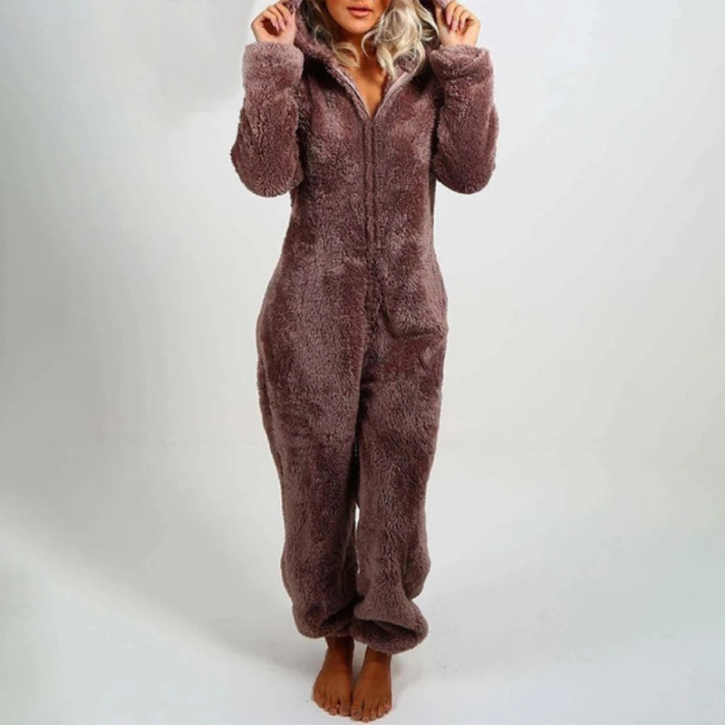 Women's Plush Hooded Onesie - Soft Fleece - Full Zip - Cozy Loungewear