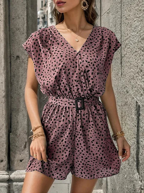 Women’s Romper - V-Neck Short Sleeve - Belted Waist - Lightweight Casual Fit