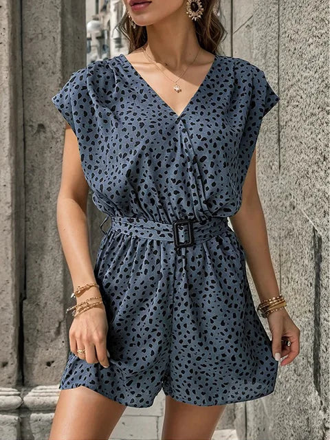 Women’s Romper - V-Neck Short Sleeve - Belted Waist - Lightweight Casual Fit