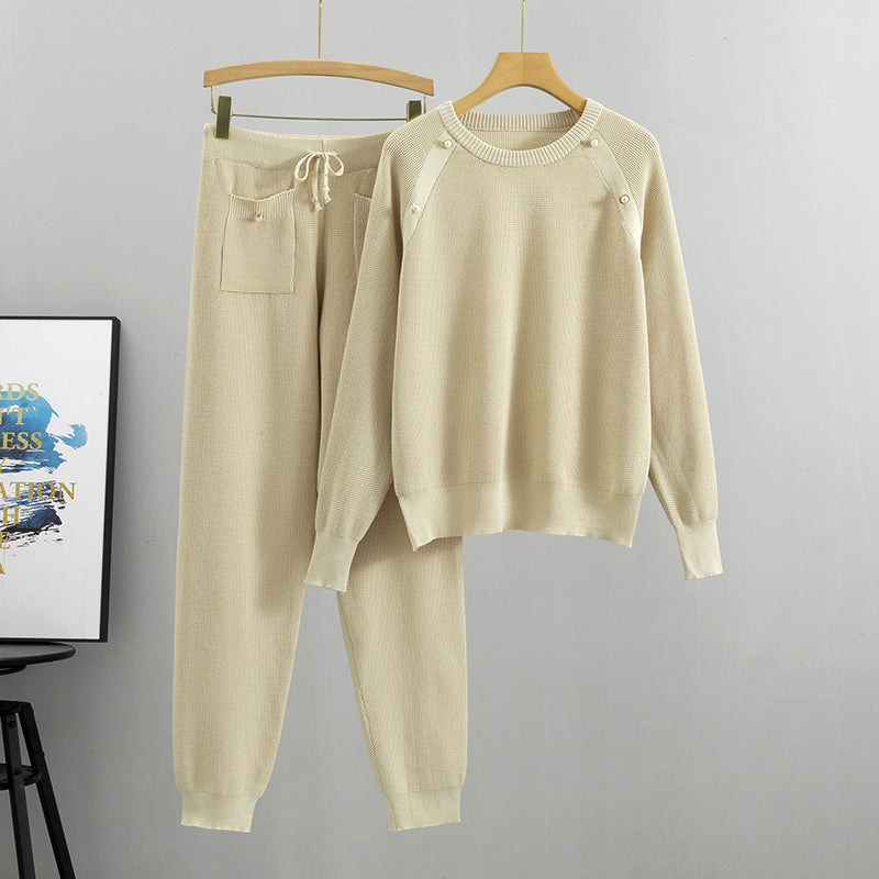 Women's spring and autumn beaded knitted sweater and pants set