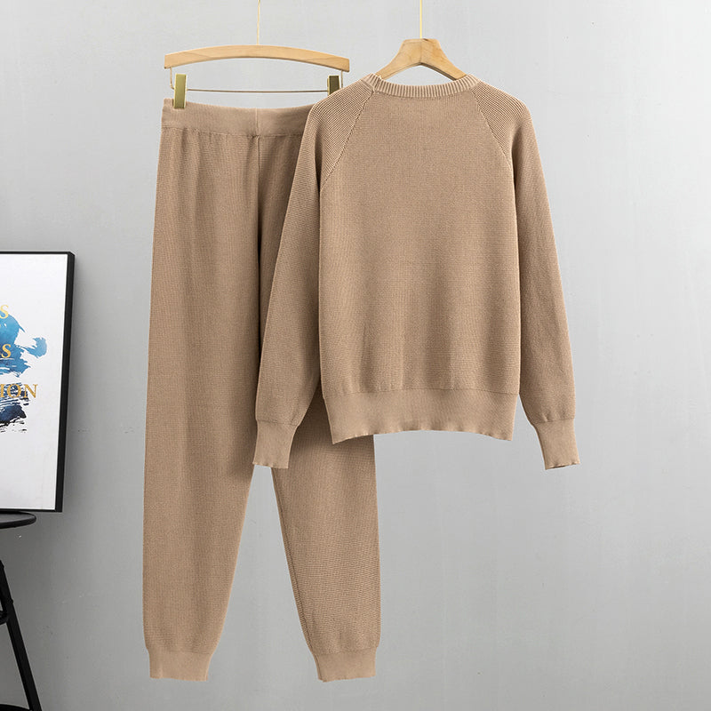 Women's spring and autumn beaded knitted sweater and pants set