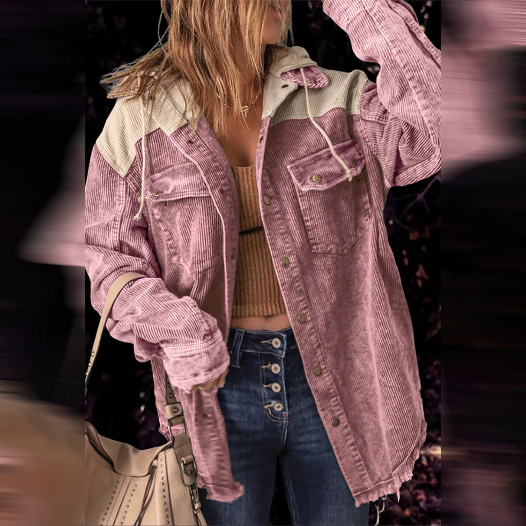 Women’s Corduroy Jacket – Oversized Fit – Patchwork – Drawstring Hood – Distressed Hem