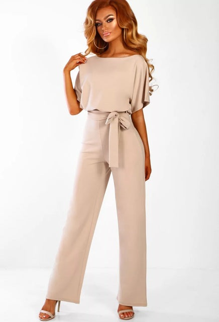 Women's Jumpsuit - Wide Leg Flowy Fit - Short Sleeve Boat Neck - Tie Waist Elegant Style