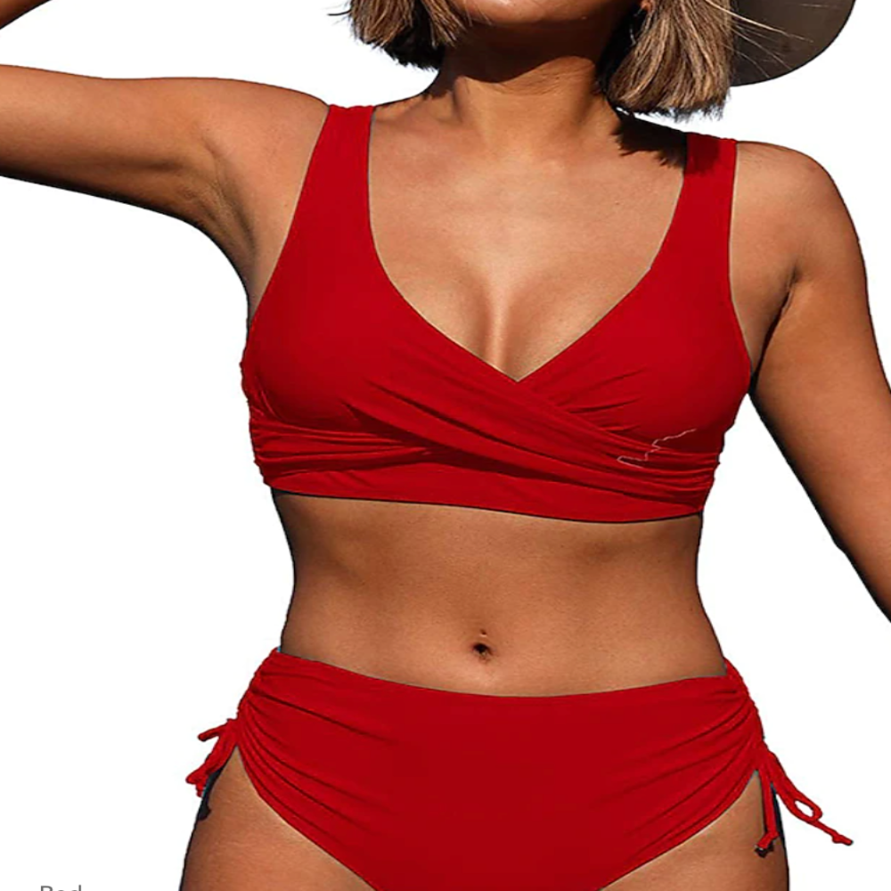 Women’s Bikini Set – Wrap Top – High-Waisted – Adjustable Ruched Sides – Breathable Fabric