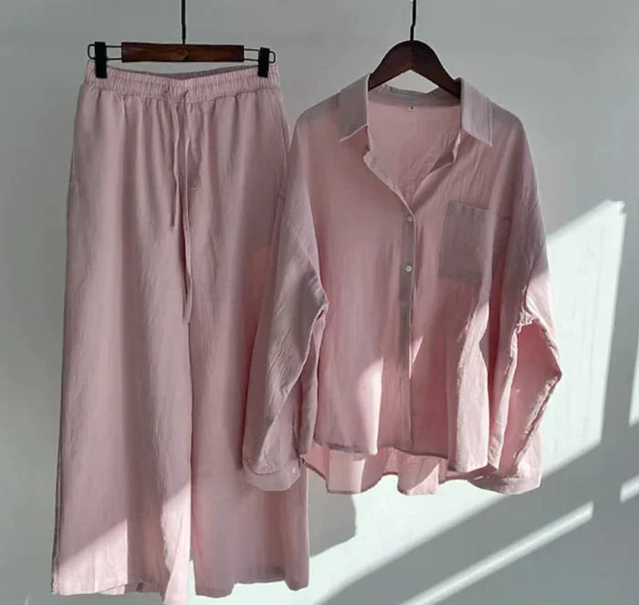 Women's Cotton Button-Down Set - Classic Collar - Relaxed Fit - Long Sleeve Casual Wear