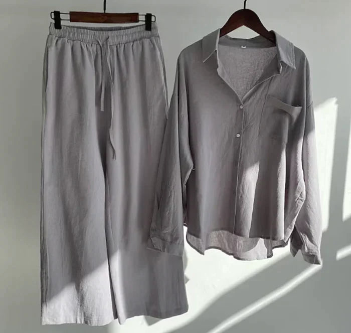Women's Cotton Button-Down Set - Classic Collar - Relaxed Fit - Long Sleeve Casual Wear