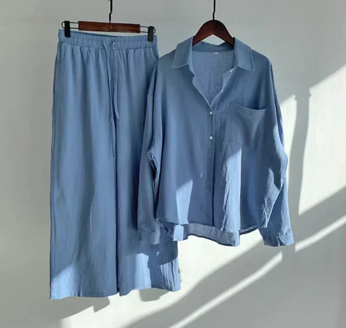 Women's Cotton Button-Down Set - Classic Collar - Relaxed Fit - Long Sleeve Casual Wear