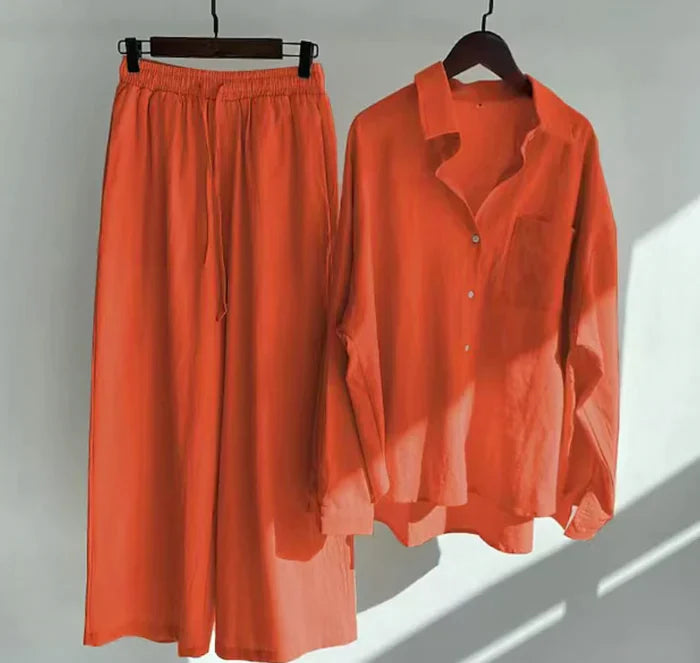 Women's Cotton Button-Down Set - Classic Collar - Relaxed Fit - Long Sleeve Casual Wear