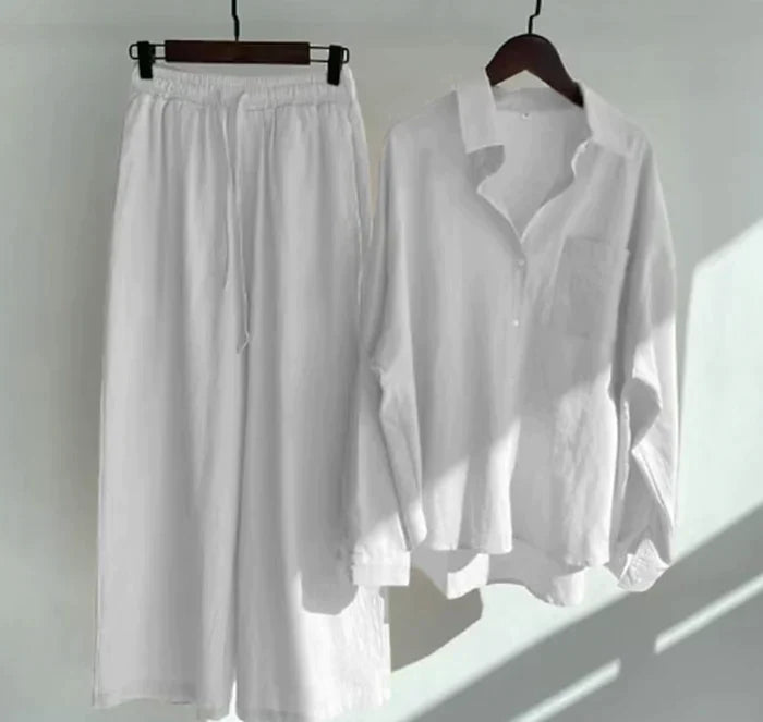 Women's Cotton Button-Down Set - Classic Collar - Relaxed Fit - Long Sleeve Casual Wear