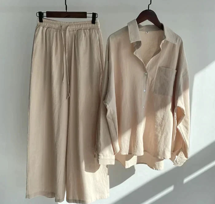 Women's Cotton Button-Down Set - Classic Collar - Relaxed Fit - Long Sleeve Casual Wear