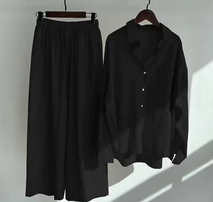 Women's Cotton Button-Down Set - Classic Collar - Relaxed Fit - Long Sleeve Casual Wear