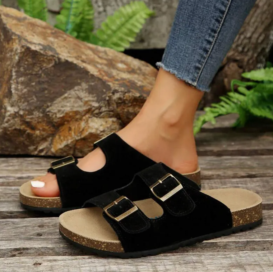 Women's Slip-On Sandals - Suede Adjustable Straps - Contoured Supportive Footbed