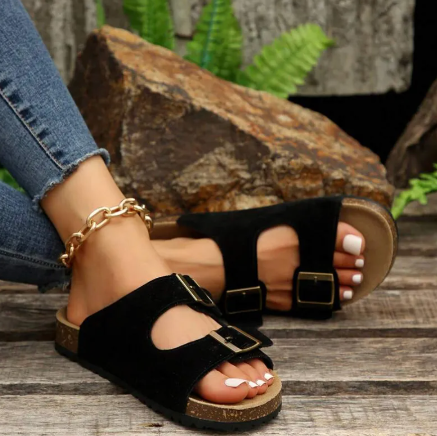 Women's Slip-On Sandals - Suede Adjustable Straps - Contoured Supportive Footbed