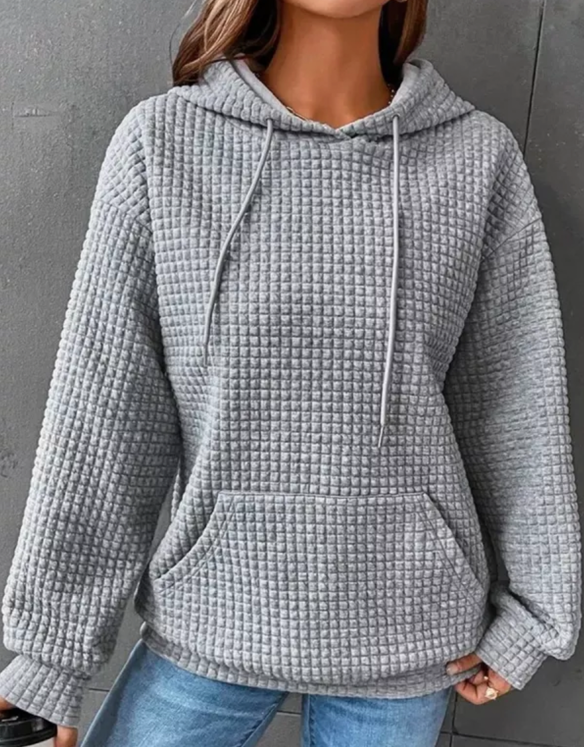 Hooded Waffle Knit Splicing Long-Sleeve Sweatshirt
