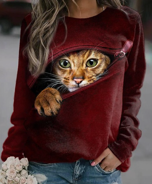 Women's cute cat print round neck sweatshirt