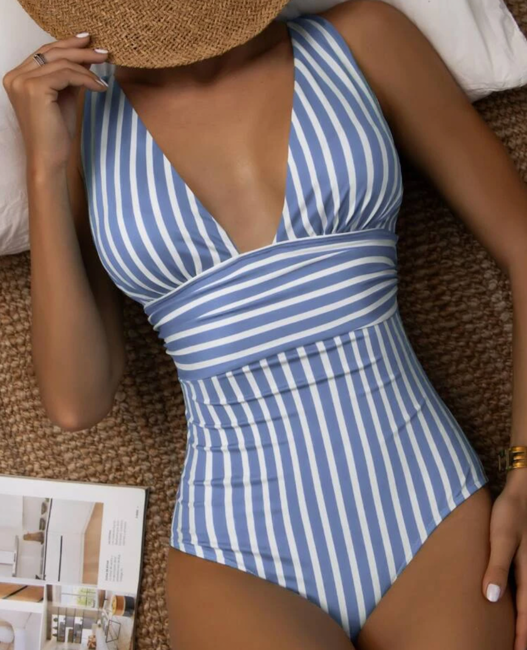 Women's One-Piece Swimsuit - Plunging V-Neck - Stripe Pattern - Waist-Defining Fit