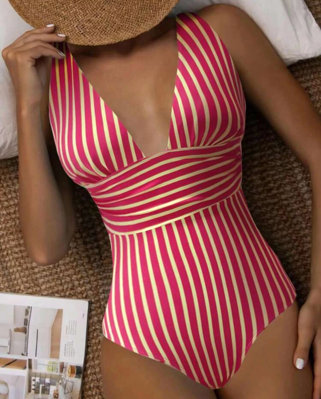 Women's One-Piece Swimsuit - Plunging V-Neck - Stripe Pattern - Waist-Defining Fit
