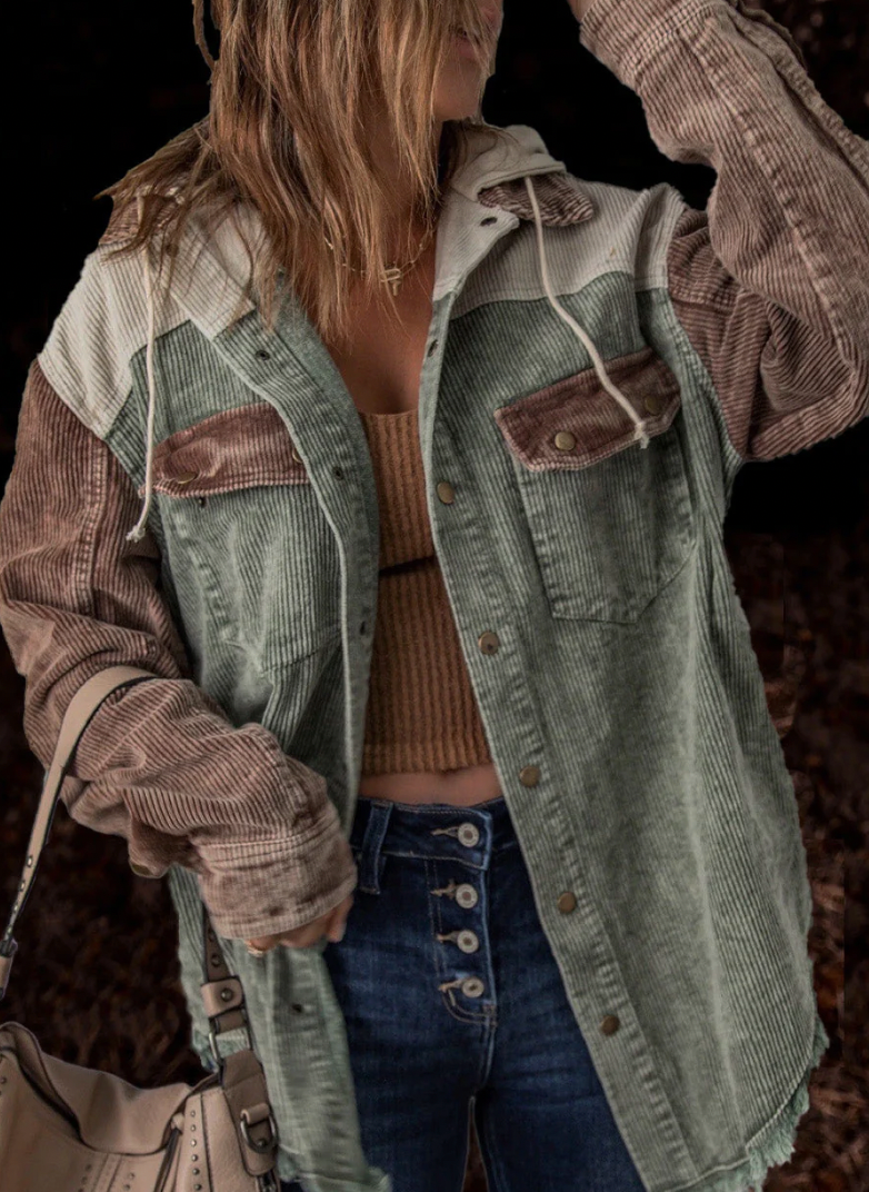 Women's loose corduroy jacket with contrast stitching