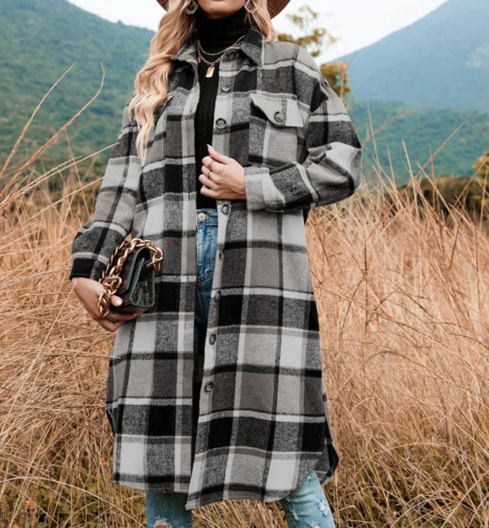 Women's long plaid coat in shirt design with button closure
