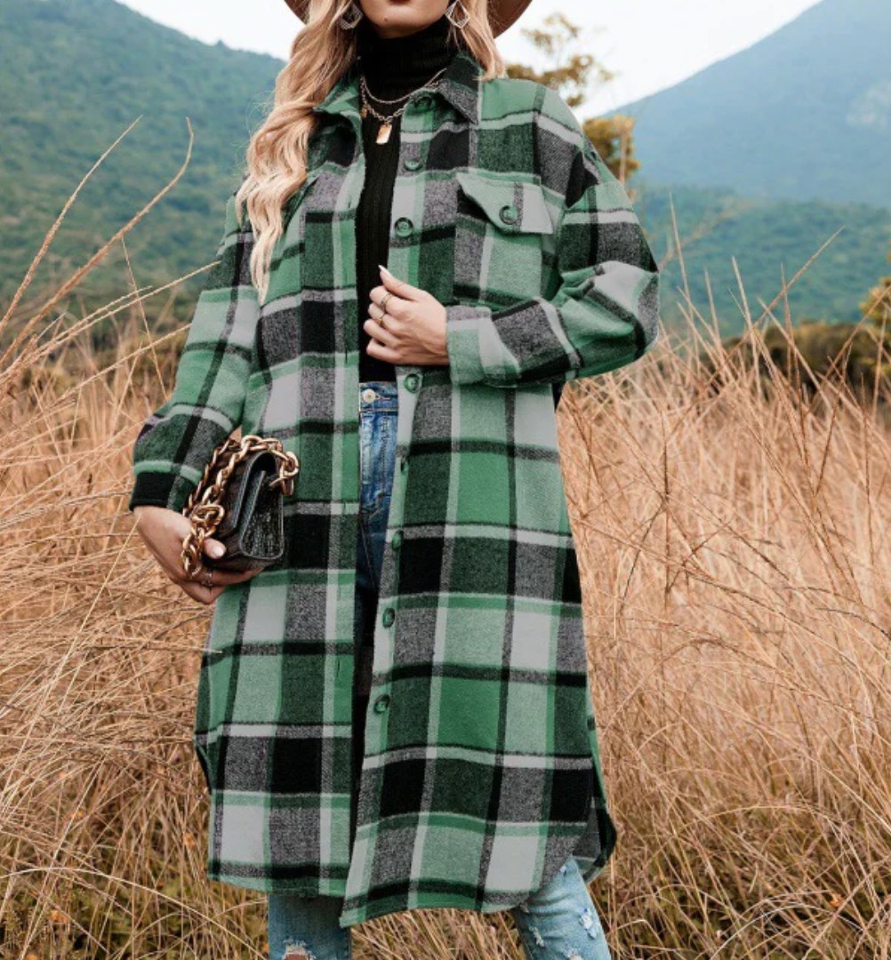 Women's long plaid coat in shirt design with button closure