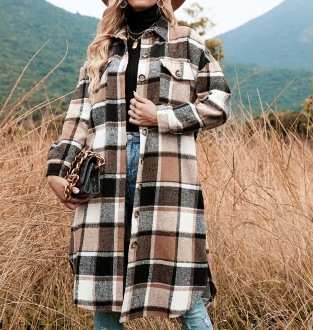 Women's long plaid coat in shirt design with button closure